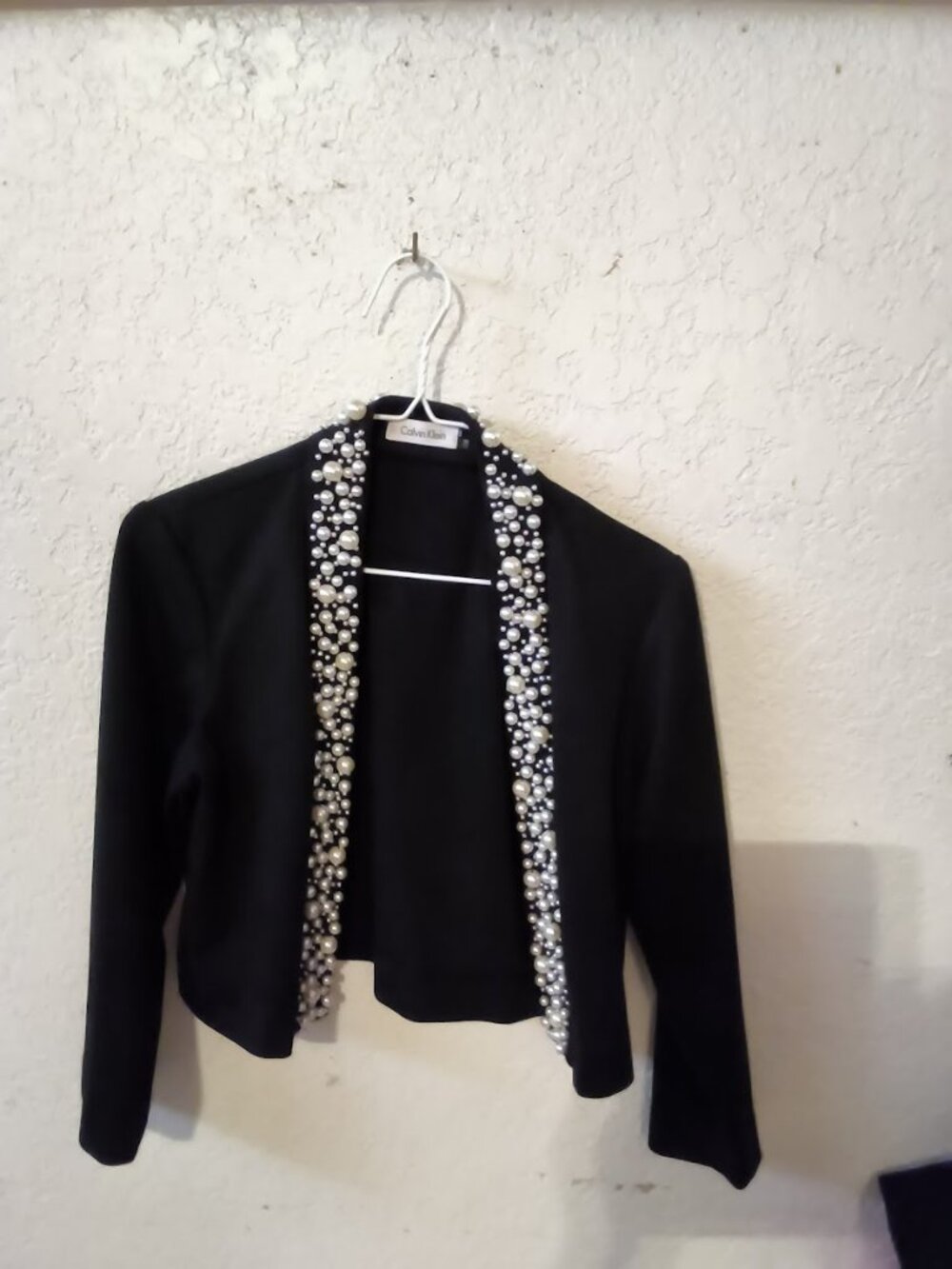 Calvin Klein Black Cardigan Pearl Embellished Open Front Statement Jacket